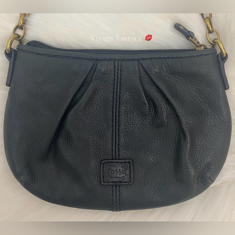 VINTAGE Y2K FOSSIL CHAIN STRAP 'LEATHER SHOULDER MINI BAG' IN BLACK - Picture 2 of 8